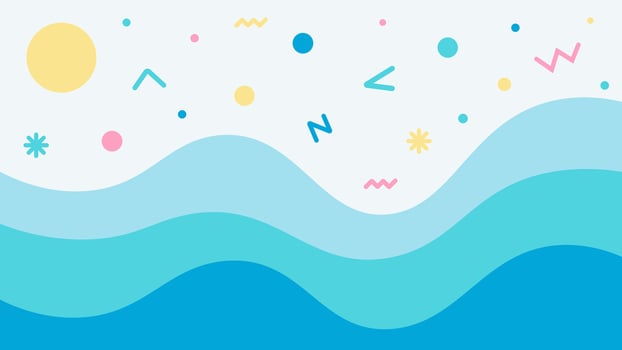Abstract summer background with stylized ocean waves and sun. Minimalist flat design illustration of a sea landscape for travel, vacation or holiday concepts. vector