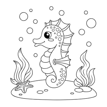 Cute little seahorse. Black and white illustration for kids coloring book vector