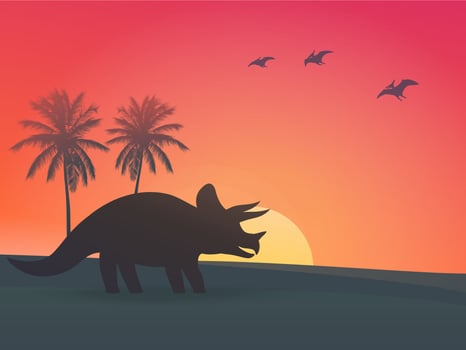 dinosaur, triceratops at sunset illustration vector