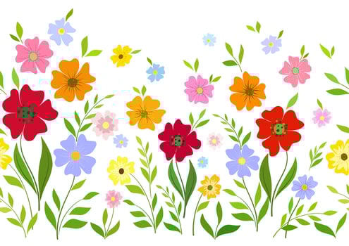 Seamless cute border of summer wild flowers in folk style. Pattern of bright flowers. Colorful bright flowers on white background. Romantic graceful floral design for textile, wallpaper, web, etc. vector