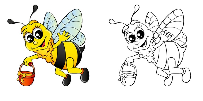 Cartoon bee flying with bucket honey. Colour and black white illustration for coloring book vector