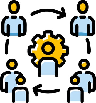 A group of people are gathered around a gear vector
