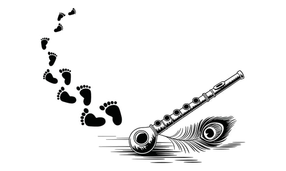 Footprints leading to a flute and peacock feather on white background path trail vector