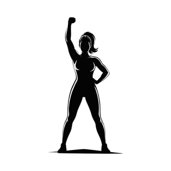 Strong confident woman silhouette raising fist in victory, female empowerment athlete standing power pose, fitness motivation, determination, success, feminist concept , vector