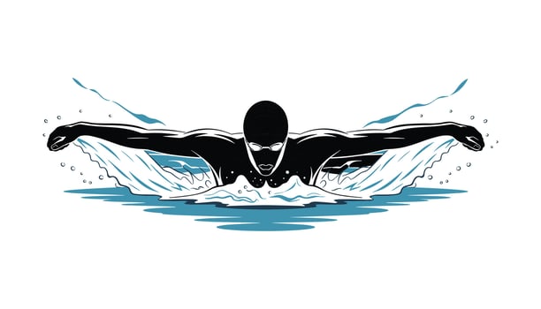 Butterfly stroke swimmer illustration, competitive swimming athlete with cap and goggles, dynamic water splash , sport fitness logo, speed training design. vector