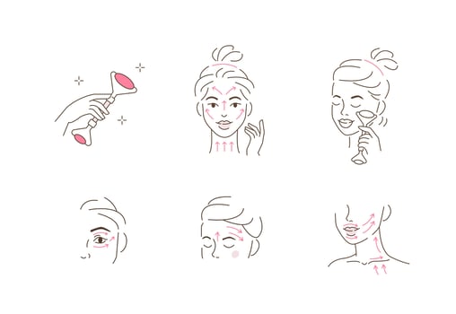 Beauty Girl Take Care of her Face and Use Facial Roller. Adorable Woman Making Skincare Procedures. Skin Care Facial Massage and Relaxation Concept vector