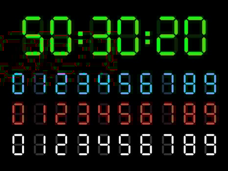 electronic digits numbers font from a clock and a countdown timer. Watch and calculator display symbols. vector