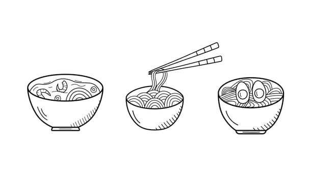 Soup with noodles, eggs, and shrimp in a bowl. illustration of Asian cuisine, restaurant menus. vector