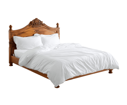 Elegant wooden bed with white bedding for restful bedroom decor png