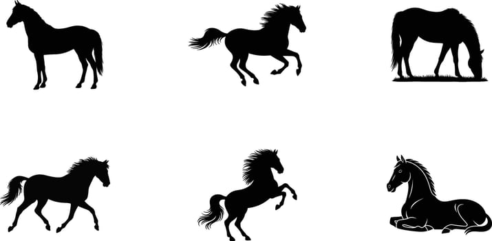 A collection of six unique black horse silhouette vector