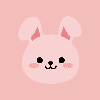 illustration of a pink bunny face with long ears, black eyes, and blush cheeks, set on a pastel pink background. Perfect for Easter designs, childrens products, and kawaii-style graphics. vector