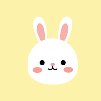 illustration of a white bunny face with pink ears, black eyes, and blush cheeks, set on a pastel yellow background. Ideal for childrens designs, stickers, and Easter-themed projects. vector