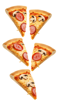 pizza slices falling down . Slices of pizza flying isolated. Falling pizza slices for Italian culinary concepts. Pizza with pepperoni isolated png