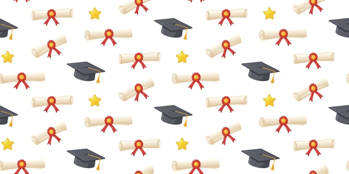 Seamless pattern with graduation caps, diplomas tied with red ribbons and gold stars on white background. Education and academic achievement concept. Design for wallpaper and poster. vector