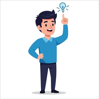 Cartoon man in blue points to lightbulb for eureka moment, Business professional having an idea with light bulb above his finger vector