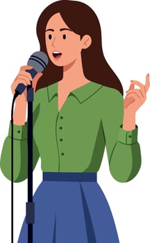 Woman singing with microphone on stand in green blouse and blue skirt illustration vector