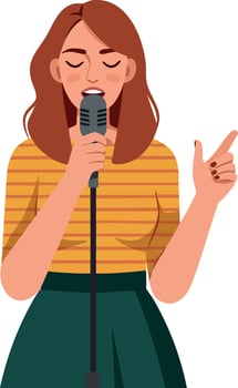 Female singer performing with vintage microphone in striped yellow top and dark green skirt illustration vector