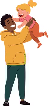 Father lifting daughter in yellow hoodie and pink outfit playful family moment illustration vector