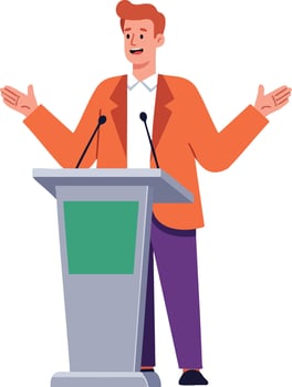 Man giving speech at podium in orange jacket and purple pants illustration vector
