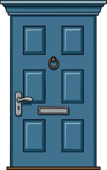 Blue front door with metal handle mail slot and knocker illustration vector