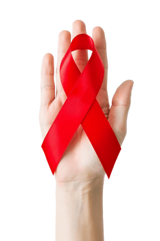 Hand holding red ribbon for aids awareness, world aids day symbol of support and solidarity isolated png