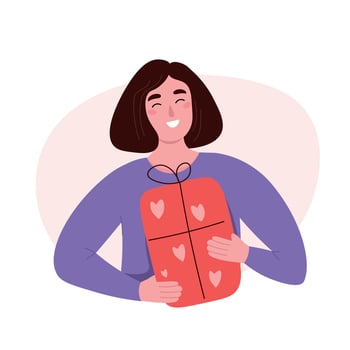 Joyful girl holds a box with a bow in her hands. Woman received a gift. Successful new purchase. flat graphics. vector