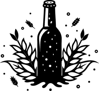 Illustration of a beer bottle surrounded by wheat and leaves isolated on white background vector