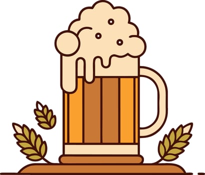 Illustration of a beer mug with overflowing foam and wheat stalks, isolated on white background vector
