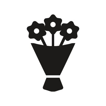 A solid black silhouette of a bouquet of flowers tied with a ribbon, representing a romantic gesture or gift of love. vector