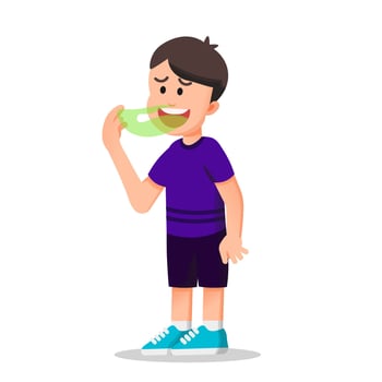 a boy checks his own breath to see if it smells bad or not vector