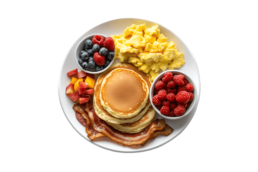 Delicious Breakfast Plate Pancakes Scrambled Eggs Bacon Berries Fruit, png