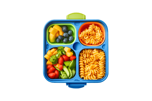 Colorful healthy kids lunch box with fruit pasta and veggies png