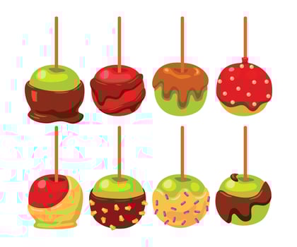 Colorful candy apples with various toppings vector
