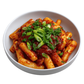 Delicious Korean Dish with Spicy Sauce and Fresh Green Onions Served in a White Bowl png