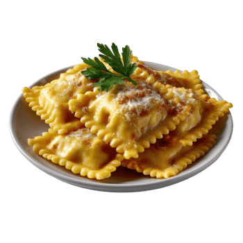 Delicious Fresh Ravioli Served on a White Plate Garnished with Green Herb and Grated Cheese png