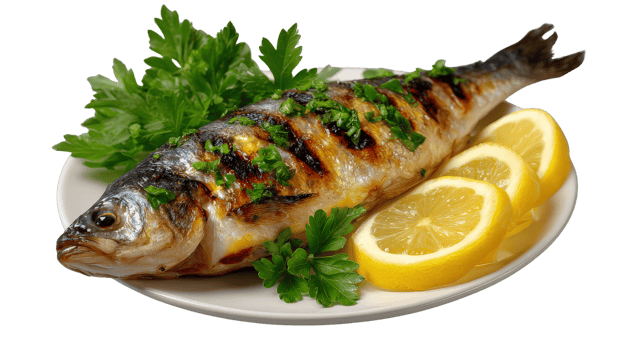 Grilled Fish with Herbs and Lemon Slices on a White Plate Surrounded by Fresh Greens png