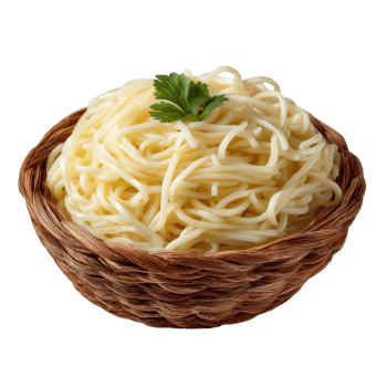 Freshly Cooked White Noodles in a Rustic Woven Basket with Green Herb Garnish png
