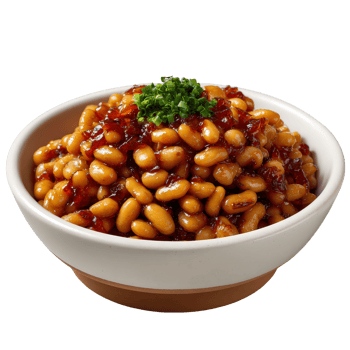 Delicious bowl of spicy cooked beans garnished with green herbs in a white bowl on a wooden surface png