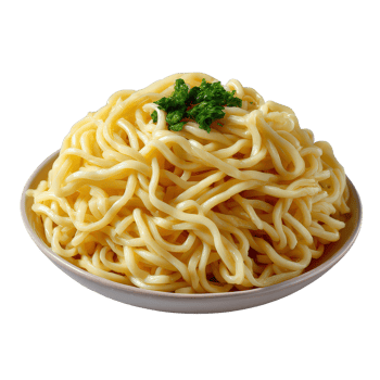Delicious Bowl of Freshly Cooked Noodles Garnished with Green Herb on White Plate png