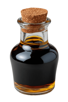 Close up View of a Glass Bottle Filled with Dark Liquid and Cork Stopper Isolated on png