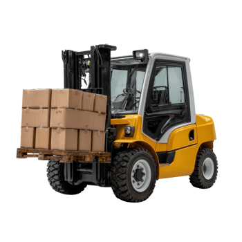 Yellow forklift carrying cardboard boxes on a pallet in a warehouse setting for industrial transportation needs png