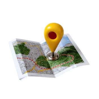 Bright Yellow Map Pin on Open Map with Scenic Trails and Green Landscape for Navigation and Exploration png
