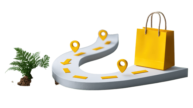 Yellow Shopping Bag on a Curved Path with Location Pins and Green Plant Illustrating Modern Retail Experience png