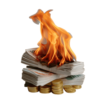 Burning Cash with Flames Spreading Across Stacked Money Bills and Coins in a Dramatic Scene png
