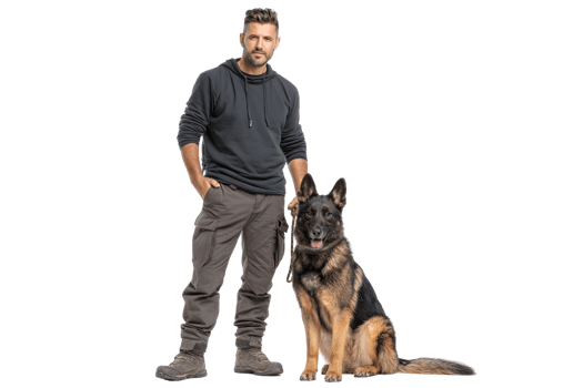 Man standing next to a German Shepherd dog. png
