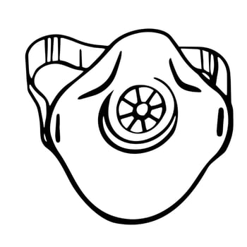 line drawing of a respirator mask with adjustable straps and a central circular valve, shown in a simple bold outline on white background. vector