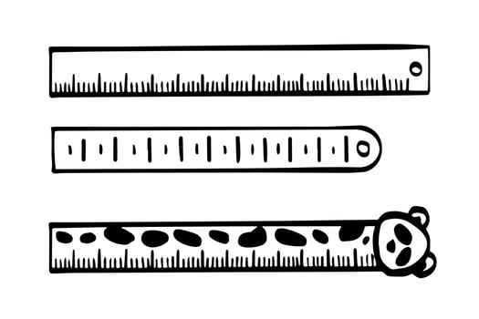 three rulers plain, minimal and spotted animal themed with bear head ideal for school, crafts and stationery projects. Outline monochrome illustration on white background vector