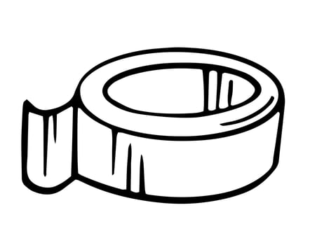 Black-and-white line art of an adhesive tape roll with a peeled strip, ideal for office, shipping, packaging, crafting, labeling, and stationery designs. vector