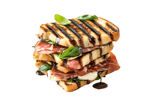 Grilled sandwich with prosciutto mozzarella and basil delicious Italian food, png