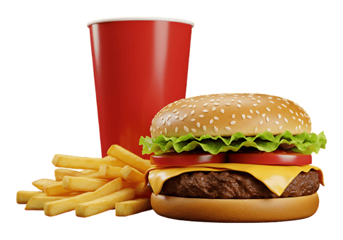 A hamburger and fries with a red drink png